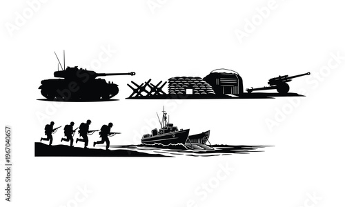 Military vector silhouette illustration collection of war equipment and soldiers on white.