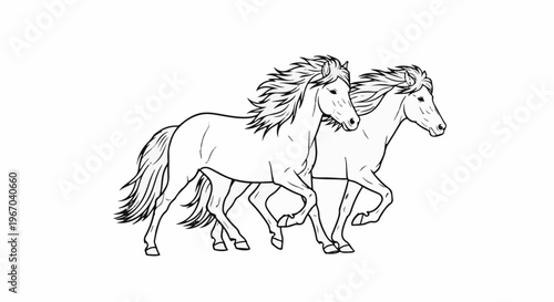 Two elegant horses gallop side-by-side with flowing manes and tails