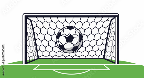 A soccer ball is caught in a net of a goal on a green field