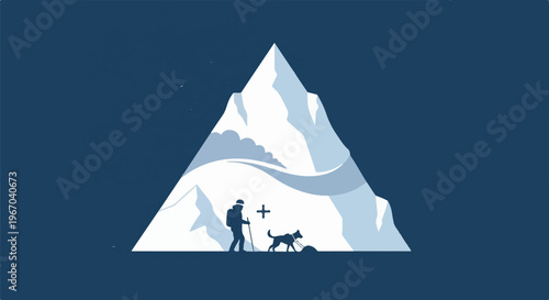Climber and dog silhouetted against icy mountain peak
