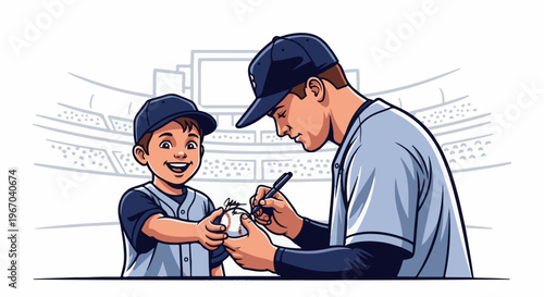 Player autographs ball for excited young fan in stadium seating