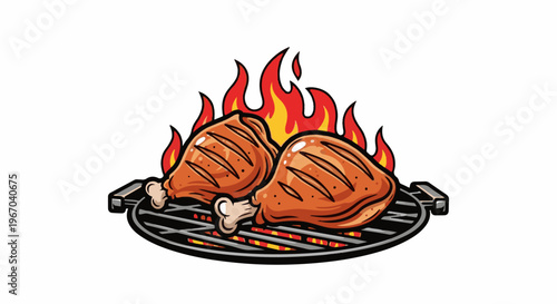 Two delicious chicken legs grilling over bright orange and yellow flames