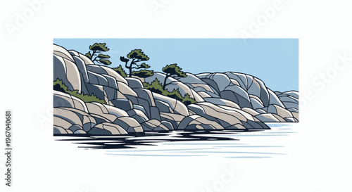 Rocky coast with sparse trees and calm water under a blue sky