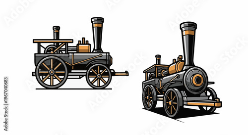 Two cartoon-style vintage steam locomotives, one side view, one angled front view