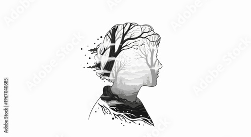 Silhouette of a person with a landscape and trees inside