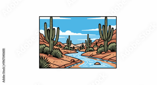 Desert oasis with tall cacti and a winding river under a blue sky