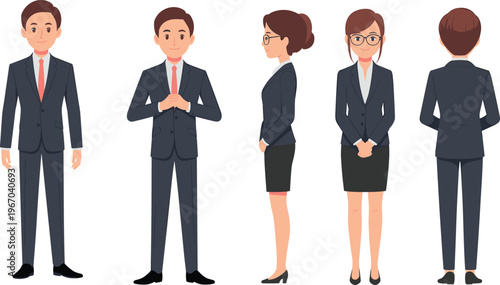 Business professionals in formal attire, multiple perspectives, character design, corporate lifestyle, office fashion, workplace diversity, professional illustration