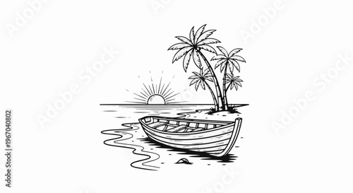 Silhouette of a rowboat resting on a sandy shore near palm trees at sunset