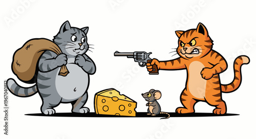 Cartoon cats and mouse in a standoff over cheese