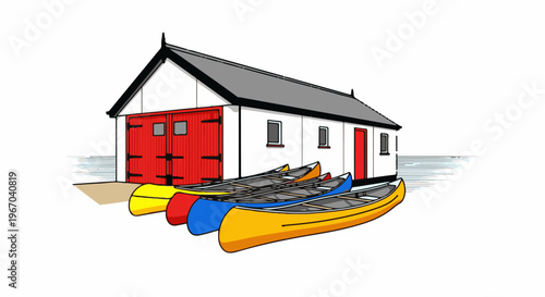 White boathouse with red doors, gray roof, and colorful canoes