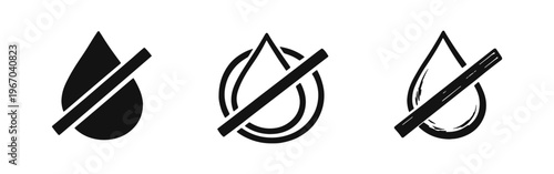 No water or liquid symbol set. Dry, waterproof, and liquid-free icons in various styles for product packaging.