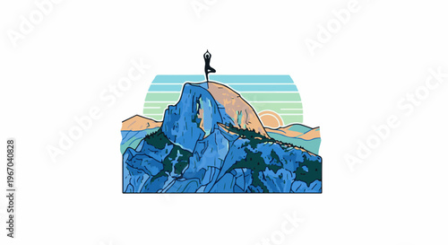 Silhouette of person in yoga pose atop a rocky mountain with sunset behind