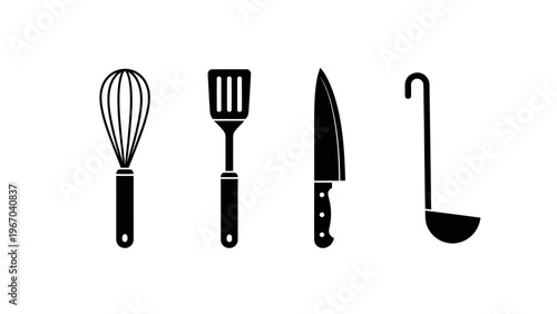 Silhouette Set of Kitchen Utensils Including Whisk Spatula Knife and Ladle