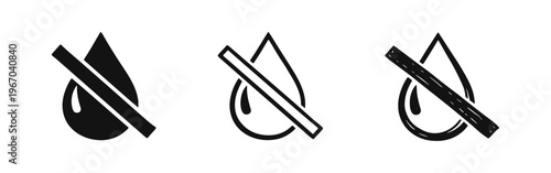 Liquid prohibited symbol set. No oil, no water, or dry icons in different artistic styles for industrial warnings.