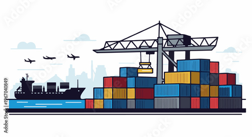 Cargo ship and stacked containers at port with airplanes in sky