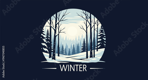 Silhouette of a snow-covered forest scene within a circle, with the word WINTER below