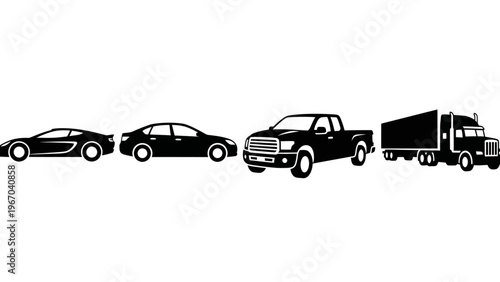 Silhouette of various vehicles including car sedan pickup truck and semi-trailer transport in