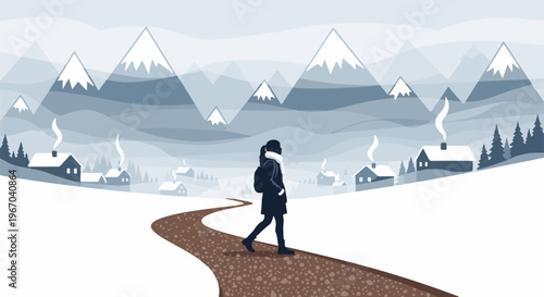 Silhouette of person walking on snowy path towards winter village and mountains