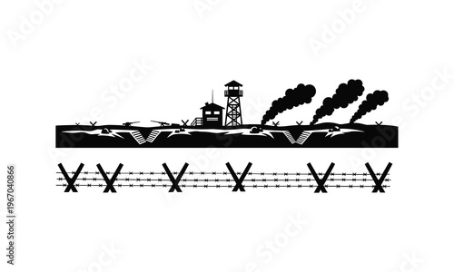 War trenches barbed wire watchtower illustration vector silhouette line art.