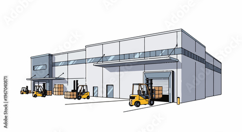 Warehouse exterior with forklifts loading boxes and industrial building backdrop