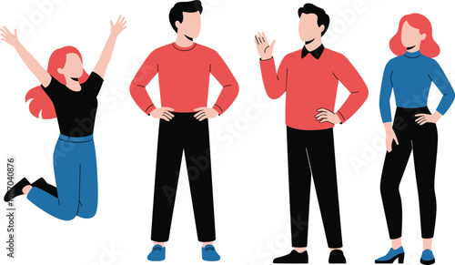 Business professionals in formal attire, multiple poses, character design, corporate lifestyle, office fashion, workplace diversity, professional illustration