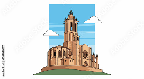 A pixelated cathedral stands tall on a grassy mound under a blue, cloudy sky