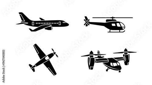 Silhouettes of Different Aircraft Types Including Jet, Helicopter, Propeller Plane and Drone
