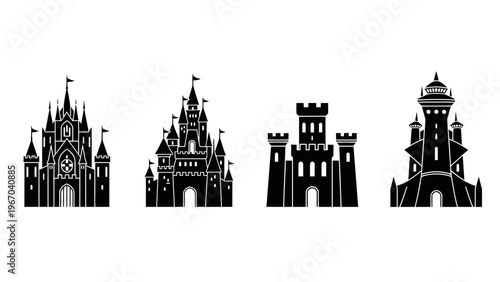Silhouettes of Different Castle Styles in a Row Illustrating Architectural Diversity