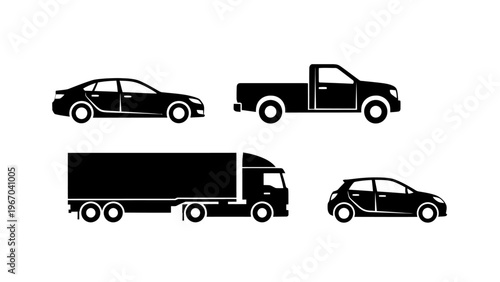 Simple black and white icon set of various vehicle types including a sedan pickup truck and