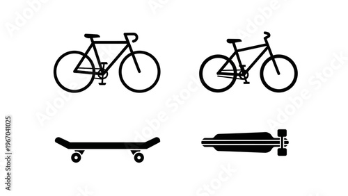 Simple black and white icon set of bicycle skateboard and inline skates for sports and