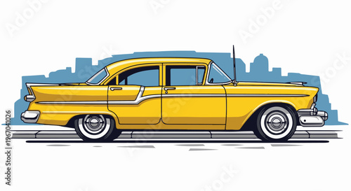 Yellow vintage sedan with chrome accents parked along a city sidewalk