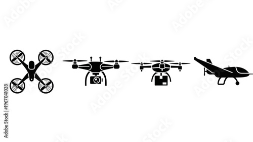 Silhouettes of Various Unmanned Aerial Vehicles and Drone Devices Displayed in a Row