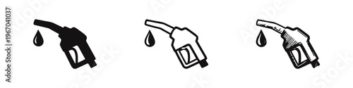 Fuel pump nozzle icon set with oil drop, symbolizing gasoline, energy, and gas station services.