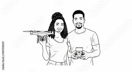 Young couple smiles holding a drone and controller, ready for flight