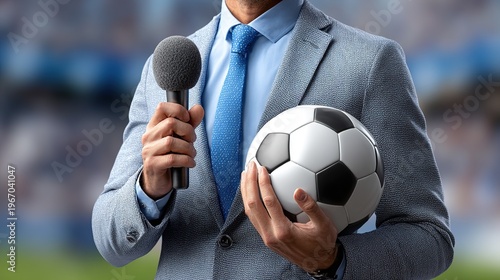 The Commentator's Passion: A sportscaster, poised and ready, holding a microphone and a soccer ball, embodying the energy and excitement of the game, against a backdrop of a blurred stadium setting.