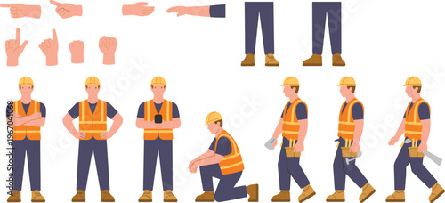 Construction workers in safety attire with hard hats, tools, gestures, modular poses, workplace diversity, professional character design illustration