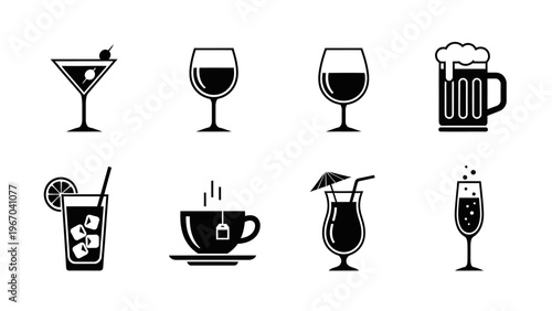Simplified black and white icons of various beverages including cocktails wine and beer
