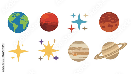 Simplified Artistic Illustration of Various Celestial Bodies and Planets in Space