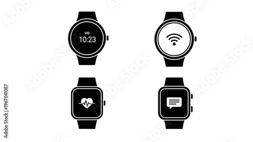 Smartwatch with multiple feature icons depicting time, wifi, health, and messaging capabilities in
