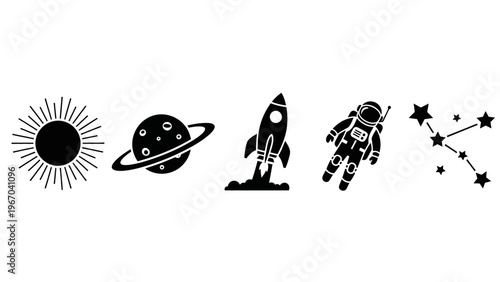 Space Exploration and Astronomy Icons Set in Black Silhouettes for Educational and Design Projects