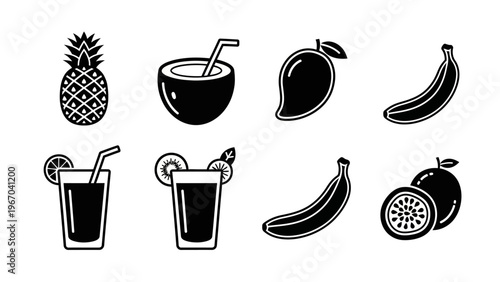 Stylized Vector Illustration of Tropical Fruits and Refreshing Drinks Set