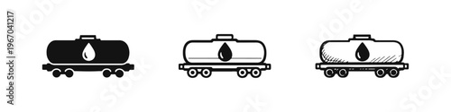 Oil tank car icon set for railway transportation of fuel and crude oil in various styles and applications.