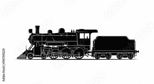 Silhouette of an old-fashioned steam locomotive with attached tender