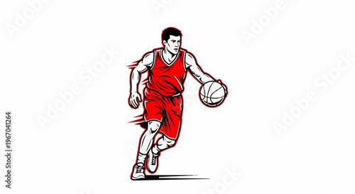 Athletic male player in red uniform dribbles basketball with dynamic motion lines