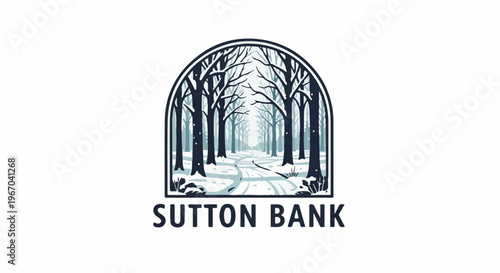 Snowy forest path within an arched frame