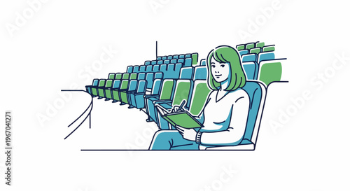 Young person in a stadium or auditorium taking notes
