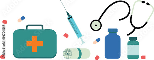 Flat vector healthcare illustration with first aid kit, syringe, stethoscope, medicine bottles, pills and medical supplies isolated background