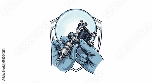 Artist's hands hold tattoo machine within protective emblem