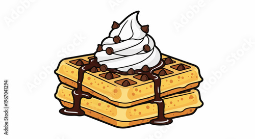 Stacked waffles with chocolate sauce and whipped cream topping