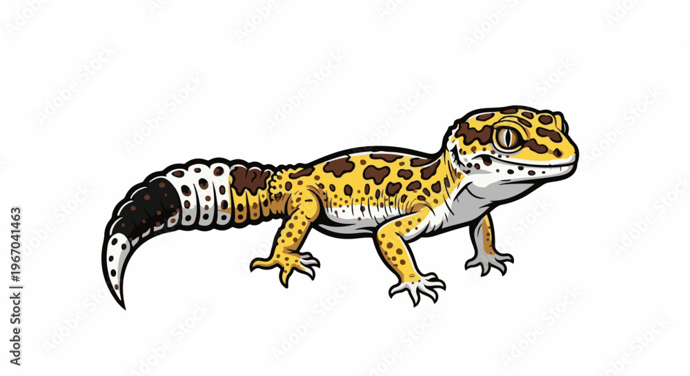 Obraz premium A yellow leopard gecko with brown spots and a banded tail on a white background